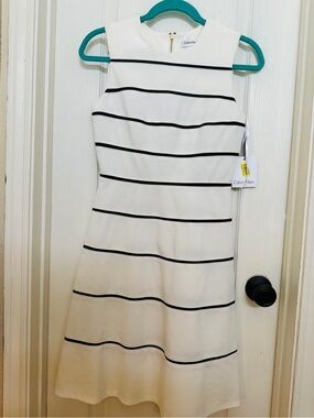 Calvin Klein White Dress with Black Horizontal Stripes